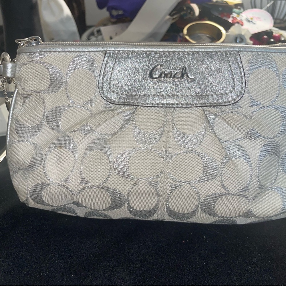 Coach Ashley Metallic Monogram XL wristlet